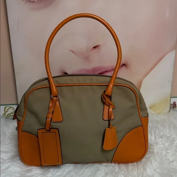 Prada Canapa + Cinghi Orange Leather Handbag/Tote travel - Picture 1 of 11